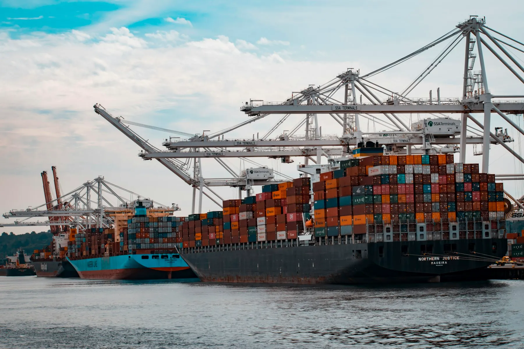 Container ships loaded with cargo beside port cranes, representing APS Global Solutions export supply