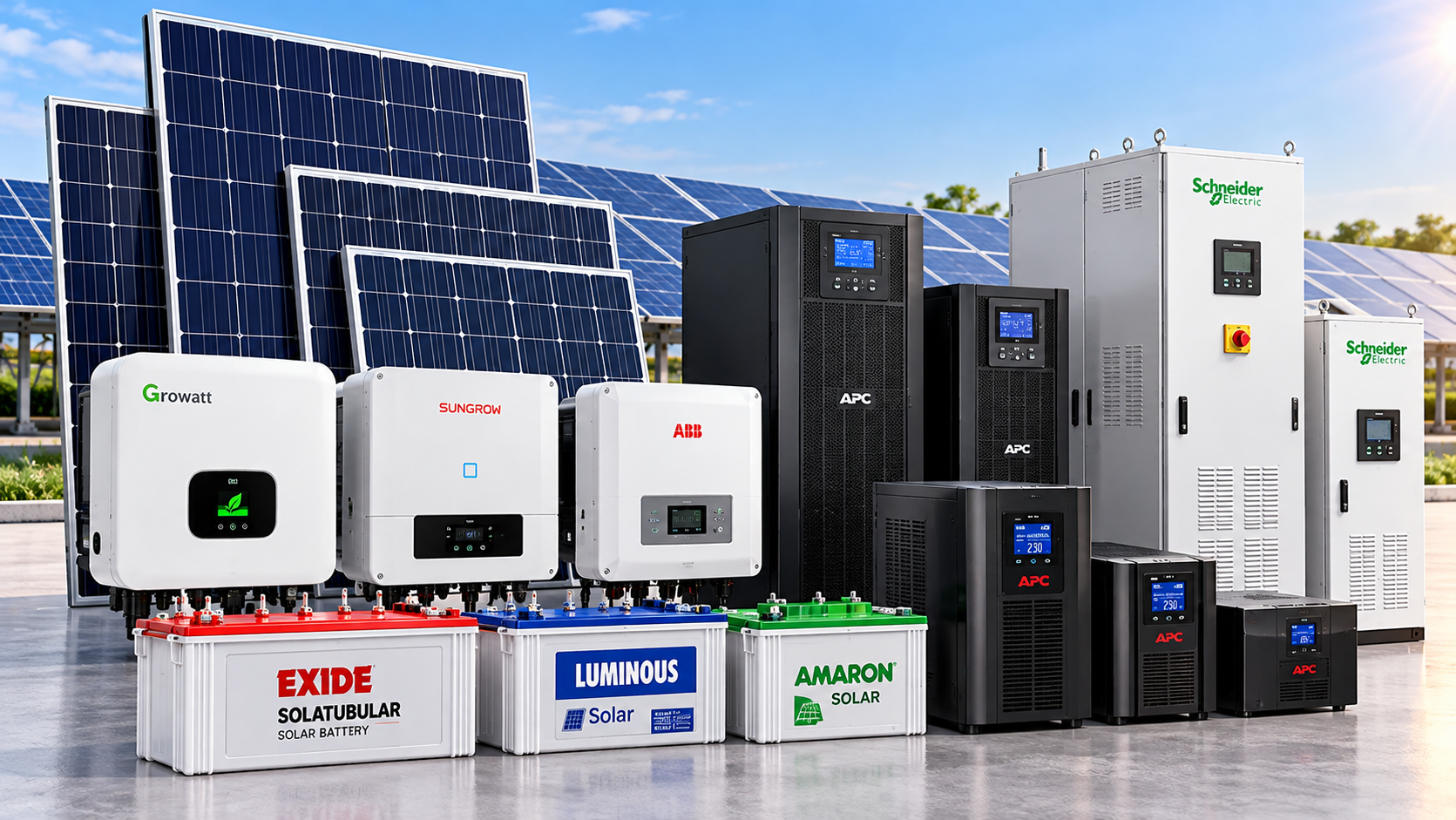 Solar panels, inverters, UPS systems and batteries
